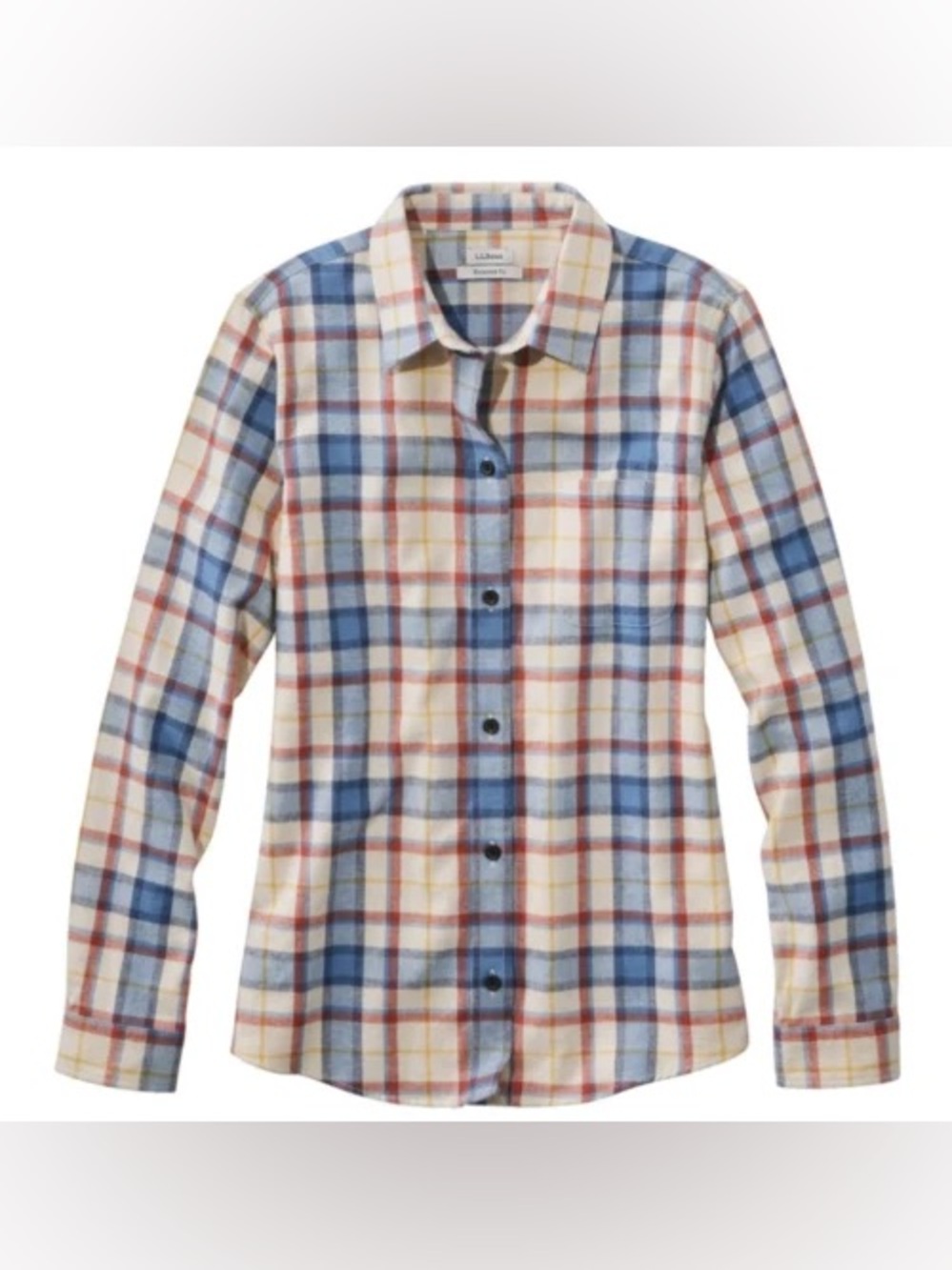 LL Bean blue, red and yellow plaid flannel button-down shirt
